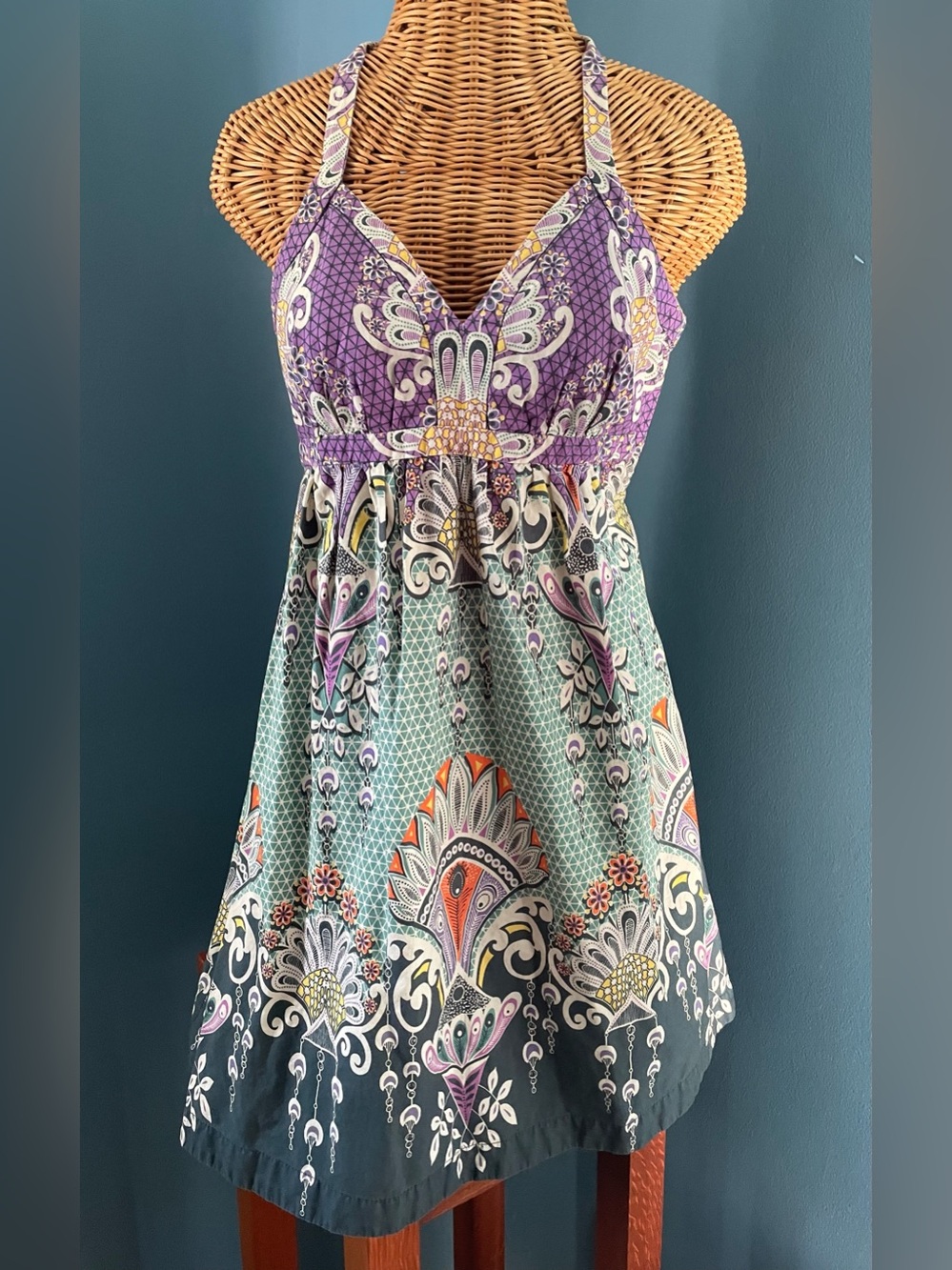 Express Y2K Paisley Geometric Halter Mini Sundress Boho Festival Cotton Size 4